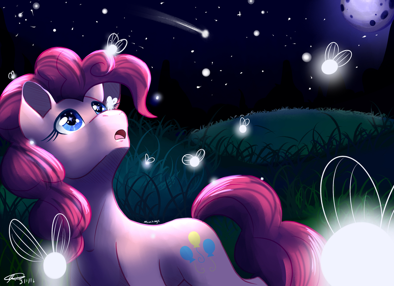 Size: 3300x2400 | Tagged: artist:mimkage, derpibooru import, eye reflection, firefly (insect), insect, moon, night, open mouth, pinkie pie, reflection, safe, solo