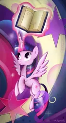 Size: 700x1288 | Tagged: safe, artist:milanoss, derpibooru import, twilight sparkle, twilight sparkle (alicorn), alicorn, pony, book, female, flying, magic, mare, solo, telekinesis