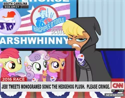 Size: 900x709 | Tagged: angry, apple bloom, artist:pixelkitties, bagpipes o'toole, cable news network, cloak, clothes, cnn, cutie mark crusaders, derpibooru import, faic, jeb bush, ms. harshwhinny, ms. harshwhinny's election campaign, please clap, politics, safe, scootaloo, sonic the hedgehog (series), sweetie belle, votehorse