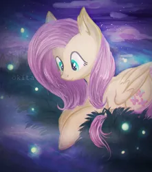 Size: 1305x1476 | Tagged: artist:nataliaokita1, derpibooru import, firefly (insect), fluttershy, insect, night, prone, river, safe, solo, stream