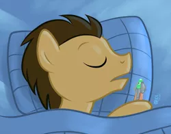 Size: 1200x941 | Tagged: safe, artist:1trick, derpibooru import, doctor whooves, time turner, pony, 1trickpone's sleeping ponies, bed, doctor who, eyes closed, male, pillow, sleeping, solo, sonic screwdriver, stallion