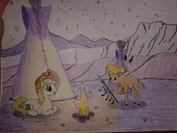 Size: 640x480 | Tagged: artist:hickory17, blonde mane, blue eyes, cowboy hat, derpibooru import, fire, hat, hickory's journey, little strongheart, night, oc, oc:hickory switch, safe, scenery, show accurate, spear, stars, stetson, traditional art, weapon, white pony