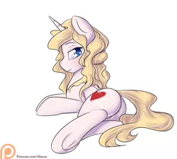 Size: 1500x1350 | Tagged: suggestive, artist:alasou, deleted from derpibooru, derpibooru import, ponified, alicorn, pony, aphrodite, bedroom eyes, butt, female, frog (hoof), greek, greek mythology, looking at you, looking back, patreon, patreon logo, plot, simple background, solo, solo female, underhoof, white background