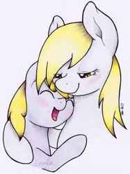 Size: 400x536 | Tagged: safe, artist:emfen, derpibooru import, derpy hooves, dinky hooves, pegasus, pony, equestria's best mother, female, hug, mare, simple background, traditional art