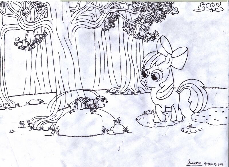 Size: 1600x1163 | Tagged: apple bloom, artist:mongothemaniac, cricket (insect), derpibooru import, monochrome, open mouth, safe, solo, traditional art