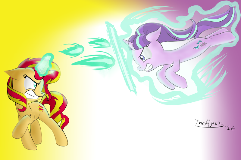 Size: 1280x853 | Tagged: safe, artist:thealjavis, derpibooru import, starlight glimmer, sunset shimmer, pony, unicorn, counterparts, fight, magic, twilight's counterparts