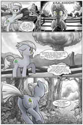 Size: 1266x1920 | Tagged: safe, artist:pencils, derpibooru import, limestone pie, earth pony, pony, comic:anon's pie adventure, butt, cart, comic, curse cut short, dock, explosion, female, implied death, mare, mushroom cloud, nature, plot, rock, running, scenery, solo, tree, underhoof, worried