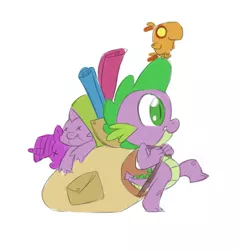 Size: 600x627 | Tagged: safe, derpibooru import, peewee, spike, twilight sparkle, twilight sparkle (alicorn), alicorn, pony, backpack, female, mare, plushie, spike-replies