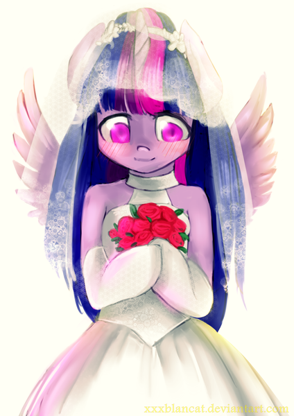 Size: 2893x4092 | Tagged: alicorn, anthro, arm hooves, artist:monochromacat, blushing, clothes, derpibooru import, dress, monochromacat's wedding series, part of a series, part of a set, safe, solo, spread wings, twilight sparkle, twilight sparkle (alicorn), wedding dress, wings