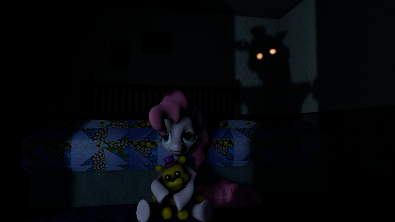 Size: 1191x670 | Tagged: artist:crimsondusk, bed, bedroom, derpibooru import, five nights at freddy's, five nights at freddy's 4, fredbear plush, moonlight, nightmare freddy, pinkie pie, safe, scared