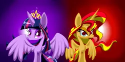 Size: 2700x1350 | Tagged: safe, artist:lovehtf421, derpibooru import, sunset shimmer, twilight sparkle, twilight sparkle (alicorn), alicorn, pony, alicornified, race swap, shimmercorn