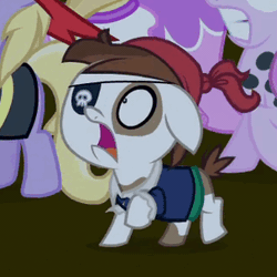 Size: 303x303 | Tagged: safe, derpibooru import, screencap, dinky hooves, noi, pipsqueak, piña colada, earth pony, pony, luna eclipsed, animated, clothes, colt, costume, eyepatch, faic, male, nightmare night, nightmare night costume, pirate, raised hoof, scared, shaking, vibrating