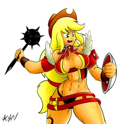 Size: 3000x3000 | Tagged: abs, anthro, applejack, artist:mutanobr, bad anatomy, big breasts, breasts, busty applejack, crossover, derpibooru import, female, morning star, queen's blade, risty, shield, simple background, solo, solo female, suggestive, weapon, white background