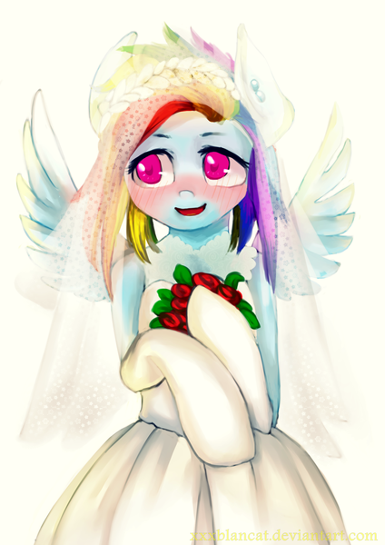 Size: 2893x4092 | Tagged: anthro, artist:monochromacat, blushing, bouquet, clothes, derpibooru import, dress, flower, monochromacat's wedding series, part of a series, part of a set, rainbow dash, safe, solo, spread wings, wedding dress, wings