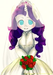 Size: 2893x4092 | Tagged: anthro, artist:monochromacat, blushing, bouquet, clothes, derpibooru import, dress, flower, looking at you, monochromacat's wedding series, part of a series, part of a set, rarity, safe, solo, wedding dress