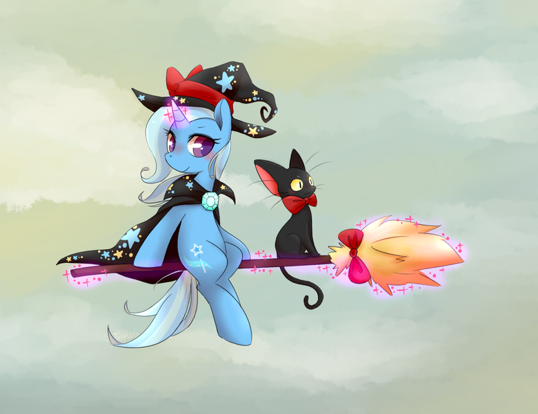 Size: 1300x1000 | Tagged: safe, artist:phyllismi, derpibooru import, trixie, cat, pony, unicorn, bow, broom, cap, crossover, female, flying, flying broomstick, hat, kiki's delivery service, looking back, mare, sitting, studio ghibli, witch, witch hat