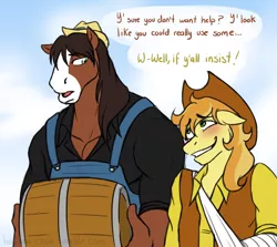 Size: 1280x1144 | Tagged: anthro, appleoosa's most wanted, artist:hasana-chan, barrel, blushing, braeburn, clothes, comic, derpibooru import, dialogue, gay, injured, male, misleading thumbnail, safe, shipping, size difference, troubleburn, trouble shoes