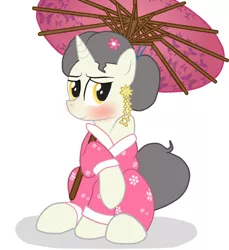 Size: 750x820 | Tagged: artist:lion-grey, clothes, crossdressing, derpibooru import, kimono (clothing), male, oc, oc:short fuse, safe, solo, trap, tsumami kanzashi, umbrella, unofficial characters only, wagasa