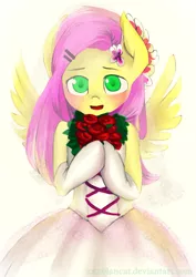 Size: 2893x4092 | Tagged: anthro, artist:monochromacat, blushing, bouquet, clothes, derpibooru import, dress, flower, fluttershy, looking at you, monochromacat's wedding series, part of a series, part of a set, safe, solo, spread wings, wedding dress, wings