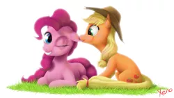 Size: 1024x576 | Tagged: applejack, applejack's hat, artist:the1xeno1, biting, cowboy hat, derpibooru import, ear bite, hat, one eye closed, pinkie pie, safe, simple background, white background, wink