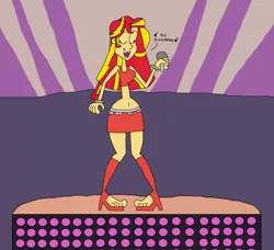 Size: 2173x1985 | Tagged: safe, artist:hunterxcolleen, derpibooru import, sunset shimmer, human, equestria girls, belly button, bracelet, concert, dancing, feet, gazelle (zootopia), high heels, humanized, jewelry, microphone, midriff, sandals, shakira, shoes, singing, stage, zootopia