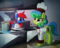 Size: 2383x1920 | Tagged: safe, artist:ruhisu, derpibooru import, oc, unofficial characters only, earth pony, pony, chef, chef's hat, cooking, cooking pot, duo, duo female, female, hat, kitchen, mare, mouth hold, munching, restaurant, spoon, stew