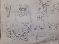 Size: 1280x960 | Tagged: artist:mranthony2, bandana, cancer (disease), comic, comic:koma in a coma, derpibooru import, dialogue, leaping, manehattan, monochrome, oc, oc:koma, safe, saving a life, street, this will end in pain, traditional art, underhoof, unofficial characters only, wagon, wagon wheel