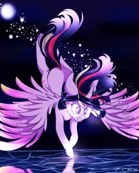 Size: 2100x2600 | Tagged: safe, artist:silbersternenlicht, derpibooru import, twilight sparkle, twilight sparkle (alicorn), alicorn, pony, female, flying, mare, moon, night, reflection, solo, water