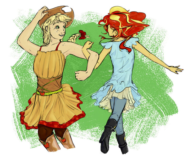 Size: 1024x860 | Tagged: safe, artist:cuttledreams, derpibooru import, applejack, sunset shimmer, human, equestria girls, friendship games, friendship through the ages, '90s, allemande left, alternate costumes, alternate hairstyle, appleshimmer, armpits, clothes, dancing, dress, female, friendshipping, humanized, lesbian, shipping