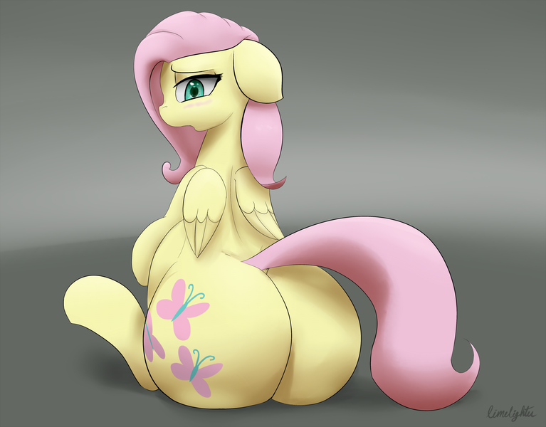 Size: 2000x1564 | Tagged: artist:limelightu, belly, blushing, butt, chubby, derpibooru import, digestion, embarrassed, fat, fat fetish, fattershy, female, fetish, flutterbutt, flutterpred, fluttershy, huge butt, implied pinkie pie, large butt, looking back, plot, post-vore, questionable, series:pinkie's great cupcake heist, solo, solo female, the ass was fat, unwanted digestion, vore, weight gain