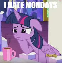 Size: 720x736 | Tagged: safe, derpibooru import, edit, edited screencap, screencap, twilight sparkle, twilight sparkle (alicorn), alicorn, pony, what about discord?, coffee, coffee mug, cropped, discovery family logo, female, floppy ears, food, frown, i hate mondays, leaning, mare, meme, monday, morning ponies, mug, sleepy, solo, text edit, tired