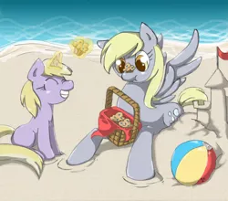 Size: 1000x880 | Tagged: safe, artist:radioactive-k, derpibooru import, derpy hooves, dinky hooves, pegasus, pony, unicorn, beach, cute, derpabetes, dinkabetes, equestria's best mother, female, filly, food, mare, mother and child, mother and daughter, muffin