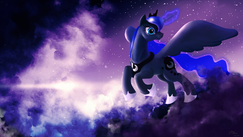 Size: 3000x1687 | Tagged: safe, artist:skribbler84, derpibooru import, princess luna, alicorn, pony, cloud, flying, magic, sky, smiling, solo, spread wings, stars, twilight (astronomy), wings