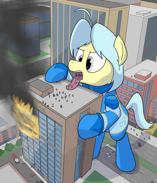 Size: 2285x2661 | Tagged: questionable, artist:rapidstrike, derpibooru import, oc, oc:ultramare, unofficial characters only, pony, building, city, fetish, fire, giant pony, loss (meme), macro, mouthplay, open mouth, rescue, solo, tongue out, vore