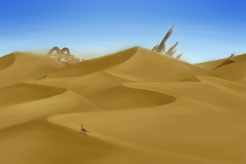 Size: 2000x1333 | Tagged: artist:sunny way, derpibooru import, desert, equis universe, female, gotcha, ki'rinaes, love, oc, oc:alirfesta, oc:alirfesta felastis, oc:festa, rcf community, ruins, safe, scenery, solo, unofficial characters only