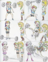 Size: 1024x1315 | Tagged: safe, artist:meiyeezhu, derpibooru import, applejack, rainbow dash, all's fair in love and friendship games, equestria girls, friendship games, anime, applejack's hat, armpits, barbell, belly button, biting, boots, breasts, broken, busty rainbow dash, clothes, comic, competition, cowboy hat, denim skirt, female, funny, green underwear, hat, heavy, hilarious, midriff, munching, old master q, panties, parody, rivalry, shocked, shoes, shorts, simple background, skirt, speechless, sports, sports bra, stetson, strong, surprised, underwear, upskirt, weight lifting, weights, white background, workout