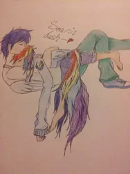 Size: 774x1032 | Tagged: safe, artist:natsumi-ashe, derpibooru import, rainbow dash, soarin', human, barefoot, clothes, cuddling, eyes closed, feet, female, heart, hoodie, hug, humanized, male, on back, on top, prone, shipping, smiling, snuggling, soarindash, straight, tailed humanization, traditional art, winged humanization, wings