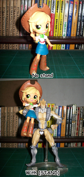 Size: 478x1000 | Tagged: safe, derpibooru import, applejack, equestria girls, action figure, clothes, crossover, doll, equestria girls minis, eqventures of the minis, jojo's bizarre adventure, pun, skirt, stand, stardust crusaders, the world, toy