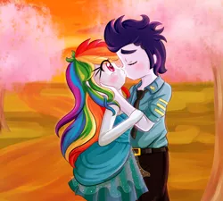 Size: 1000x900 | Tagged: safe, artist:lucy-tan, derpibooru import, rainbow dash, soarin', equestria girls, anime style, blushing, clothes, commission, dress, eyes closed, female, kissing, male, necktie, pants, shipping, soarindash, straight, uniform