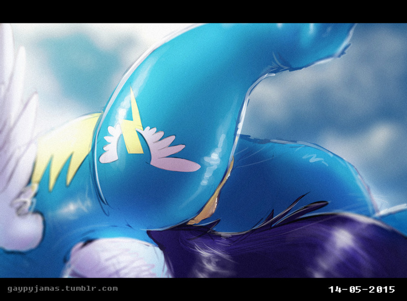 Size: 1280x947 | Tagged: questionable, artist:gaypyjamas, derpibooru import, soarin', pony, butt, clothes, flying, latex, latex suit, plot, solo, uniform, wonderbolts, wonderbolts uniform