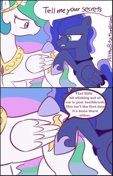 Size: 462x722 | Tagged: artist:lance, butt, derpibooru import, edit, exploitable meme, meme, plot, princess celestia, princess luna, questionable, secrets of the sun's plot, tell me your secrets, toothbrush