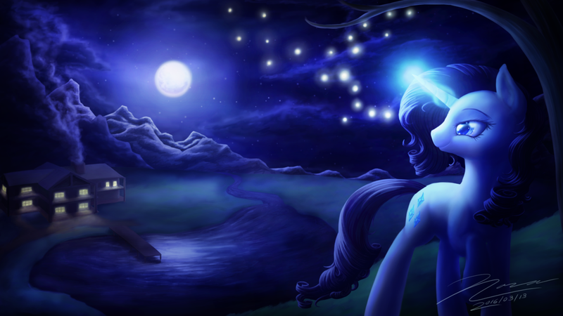 Size: 1024x576 | Tagged: artist:novaintellus, derpibooru import, firefly (insect), insect, lake, magic, moon, mountain, night, rarity, safe, solo