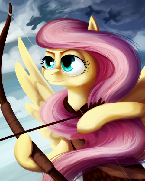 Size: 900x1125 | Tagged: arrow, artist:kallarmo, bow and arrow, bow (weapon), derpibooru import, fluttershy, flying, safe, solo focus, weapon