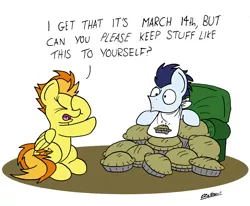 Size: 2194x1804 | Tagged: safe, artist:bobthedalek, derpibooru import, soarin', spitfire, pegasus, pony, chair, duo, facehoof, food, pi day, pie, simple background, that pony sure does love pies, white background