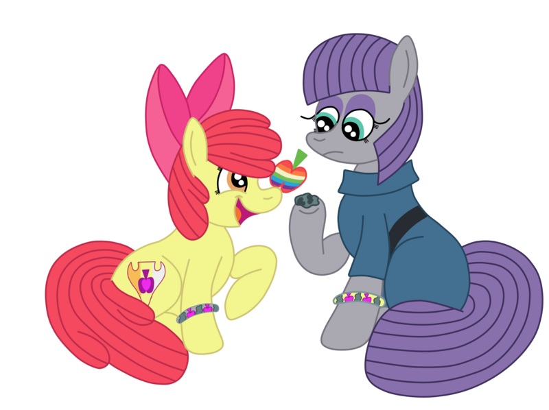 Size: 2592x1936 | Tagged: safe, artist:squipycheetah, derpibooru import, apple bloom, boulder (pet), maud pie, earth pony, pony, adorabloom, alternate cutie mark, apple, apple bloom's bow, balancing, belt, bow, bracelet, clothes, coat, cute, duo, female, filly, food, frown, hair bow, jacket, jewelry, lesbian, looking down, looking up, mare, maudabetes, maudbloom, open mouth, ponies balancing stuff on their nose, raised hoof, shipping, simple background, sitting, transparent background, vector, zap apple
