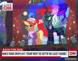 Size: 900x709 | Tagged: artist:pixelkitties, cable news network, cnn, derpibooru import, make america great again, mouthpiece, ms. harshwhinny, ms. harshwhinny's election campaign, politics, queen chrysalis, safe, votehorse