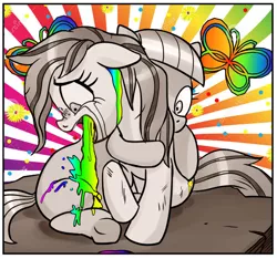 Size: 635x595 | Tagged: 4chan, artist:pencils, bad trip, comic, comic:anon's pie adventure, crying, derpibooru import, edit, female, filly, flashback, hug, limestone pie, oc, oc:mascara maroon, puking rainbows, rainbow, semi-grimdark, vomit, vomiting