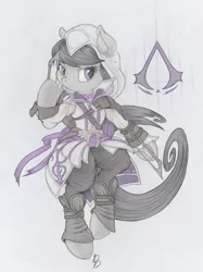 Size: 749x1000 | Tagged: safe, artist:dfectivedvice, artist:sirhcx, derpibooru import, octavia melody, pony, assassin, assassin's creed, bipedal, bowtie, clothes, cosplay, costume, crossover, solo, weapon