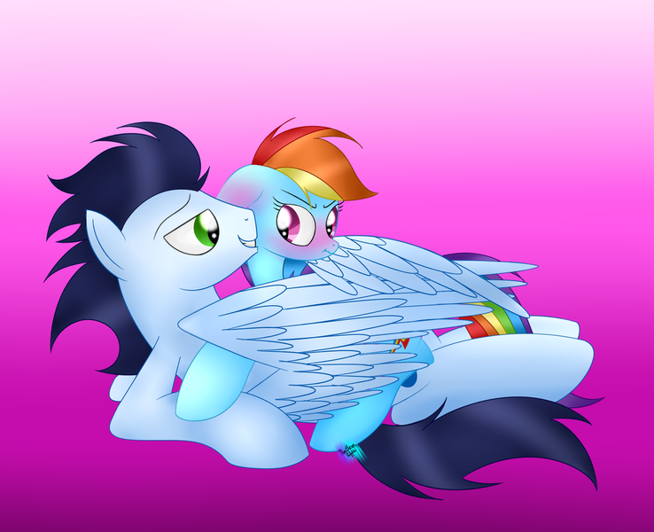 Size: 1024x832 | Tagged: dead source, safe, artist:northlights8, derpibooru import, rainbow dash, soarin', pony, blushing, cuddling, female, male, shipping, snuggling, soarindash, straight