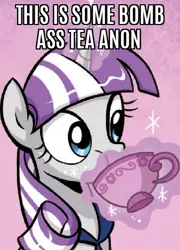 Size: 338x470 | Tagged: aweeg*, bomb ass tea, caption, cropped, cup, derpibooru import, food, glowing horn, horn, idw, image macro, magic, meme, reaction image, safe, screencap, solo, spoiler:comic, tea, teacup, telekinesis, text, twilight velvet